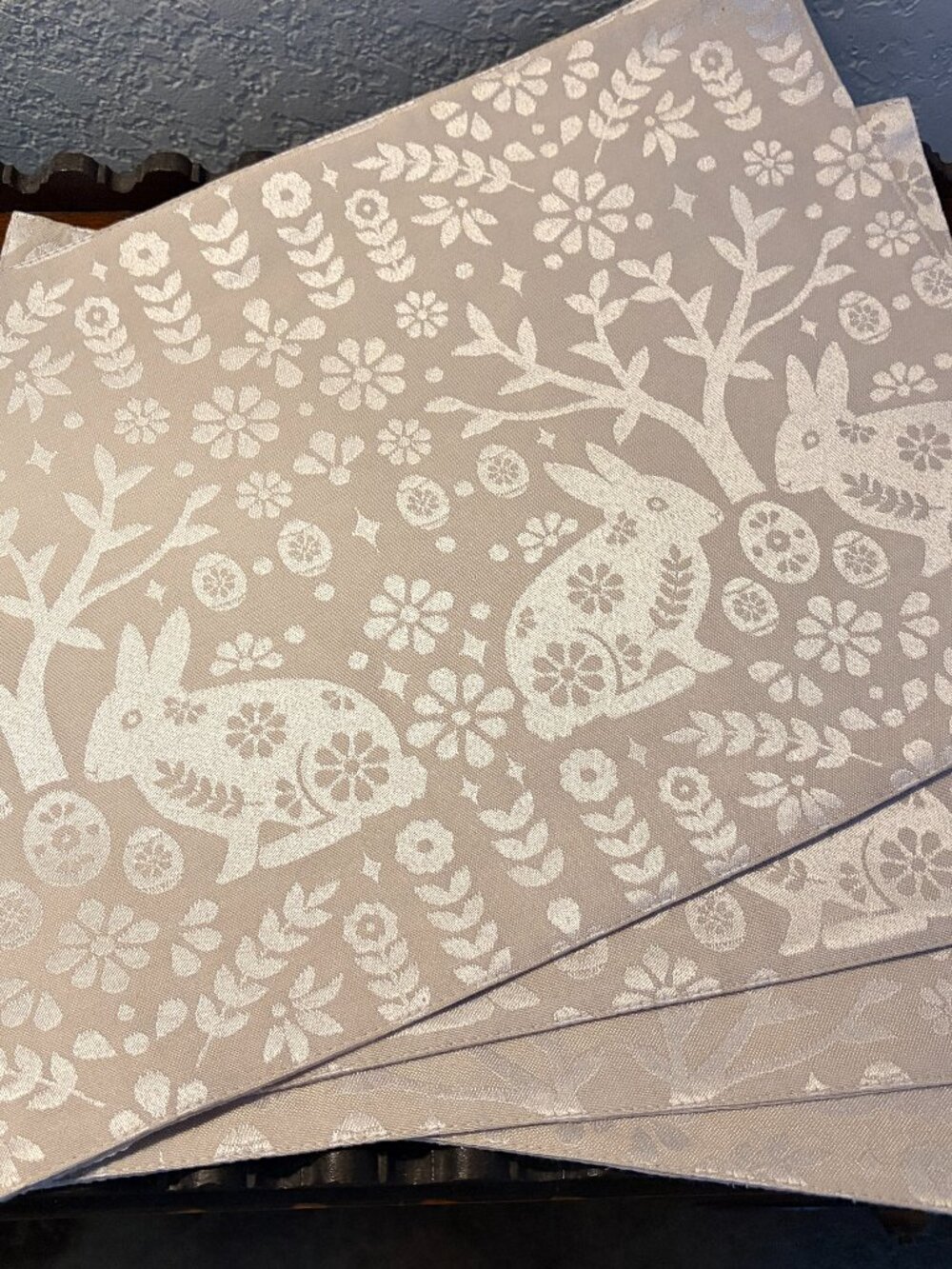Martha Stewart (4) Damask Placemats Easter Theme ~ Beige & Silver ~ NWOT